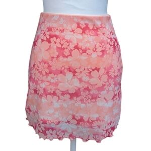 Vintage Pink Floral Mini Skirt Sz S Mesh Y2K Tropical Hawaiian Bodycon